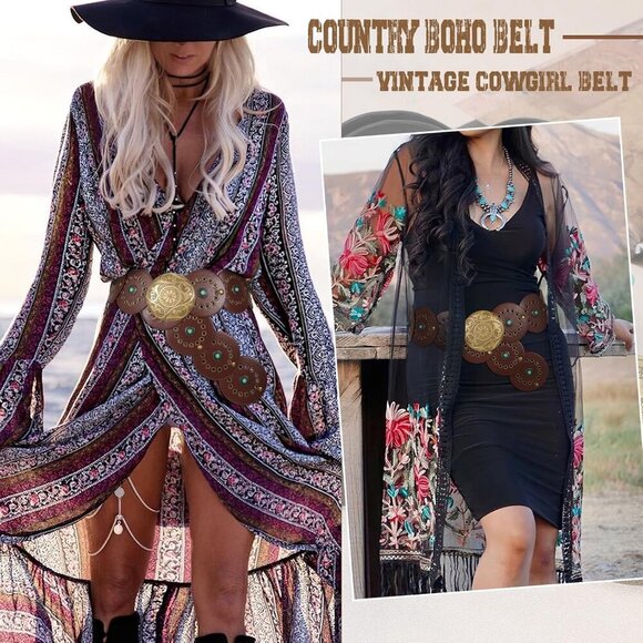 Woman\'s Western PU Leather Belts Concho Disc Wide Waist Belt Brown Bronze Buckle main image 5
